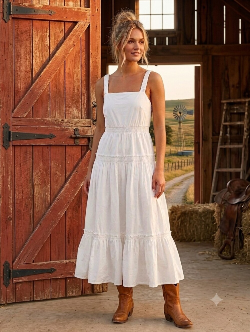 Country Road White Gathered Drop Waist Maxi Dress